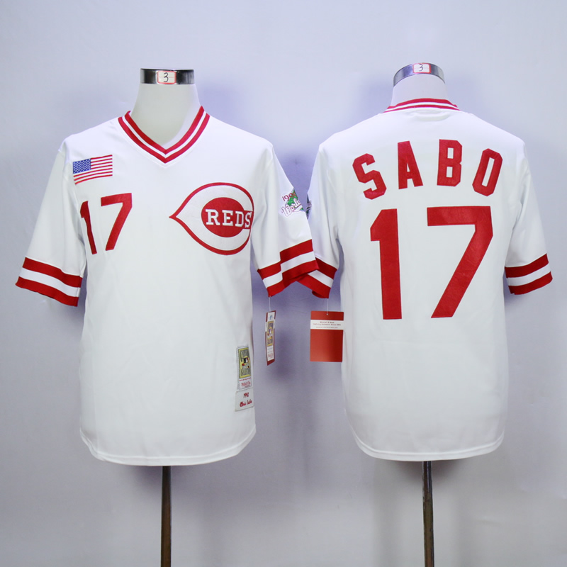 Men MLB Cincinnati Reds #17 Sabo white throwback 1990 jerseys